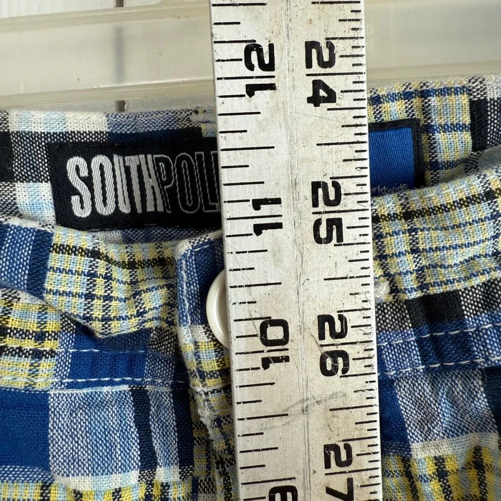 Vtg Southpole Plaid Patchwork Shorts Youth 20 Blue Yellow Y2K Streetwear Hip Hop